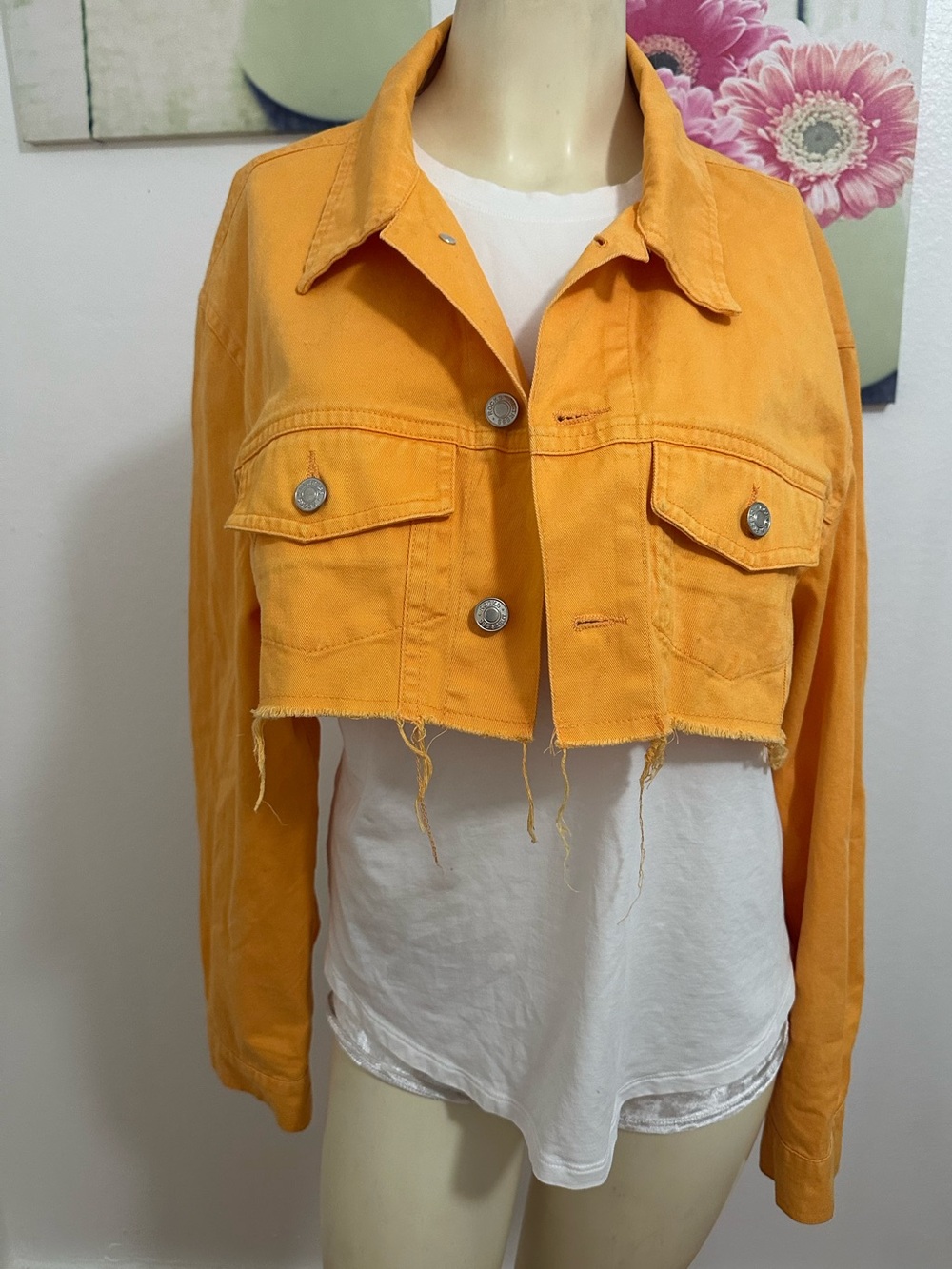 Cropped Orange Denim Jacket with Raw Hem